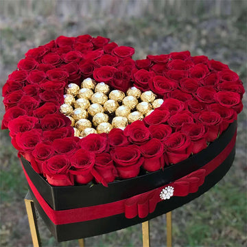 Red Roses And Ferrero Rocher Chocolates In Heart Shaped Box